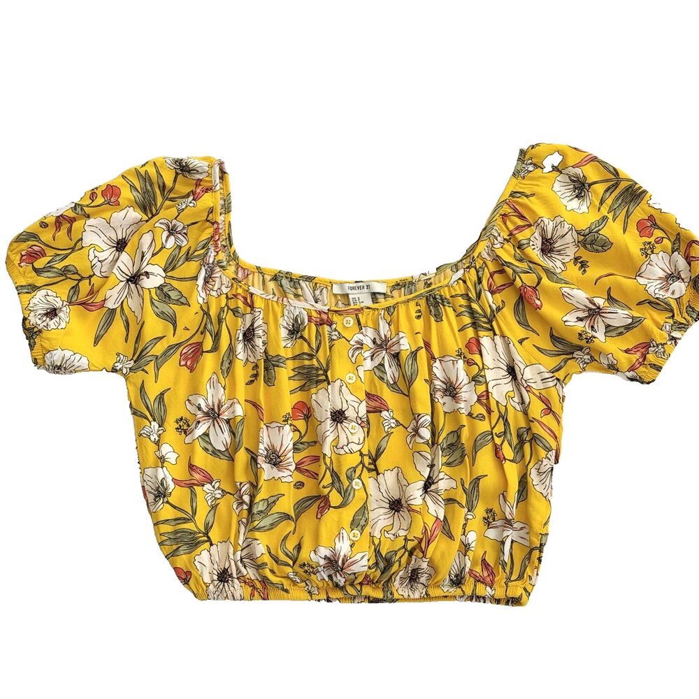 Forever 21 Crop Top S Yellow Floral Puff Sleeve On/ Off Shoulder Retro Boho
